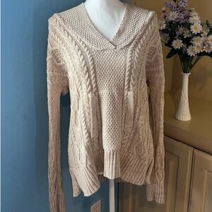 Ralph Lauren Womens L Chunky Knit V Neck Sweater Hooded Beige Capsule Lagom Fall